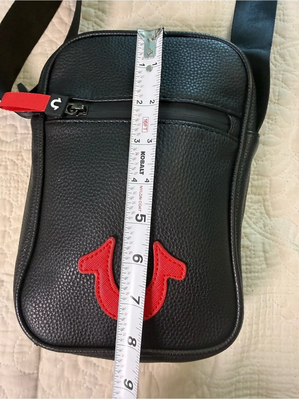 True Religion Nowak Crossbody Bag Black Faux Leather Red Zipper Logo Excellent